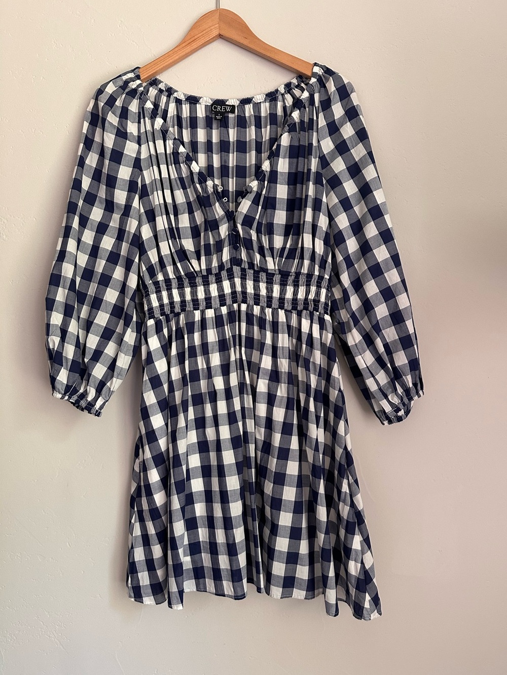 J. Crew Navy and White Gingham Smocked Waist Dress